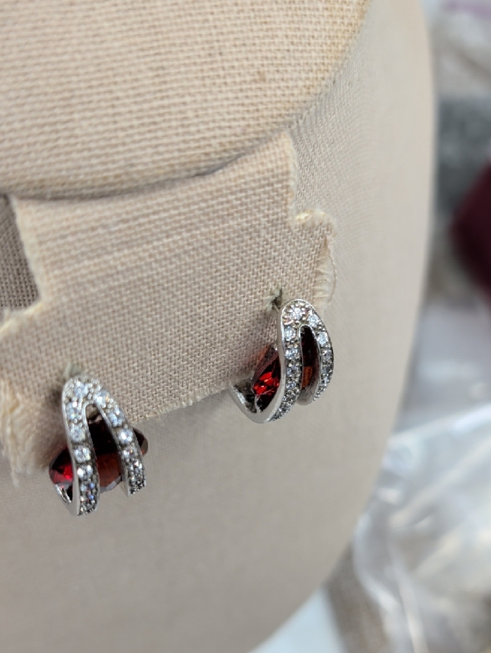 Vintage 925 Sterling Silver Garnet Half Hoop Lever Back Earrings - Picture 12 of 17